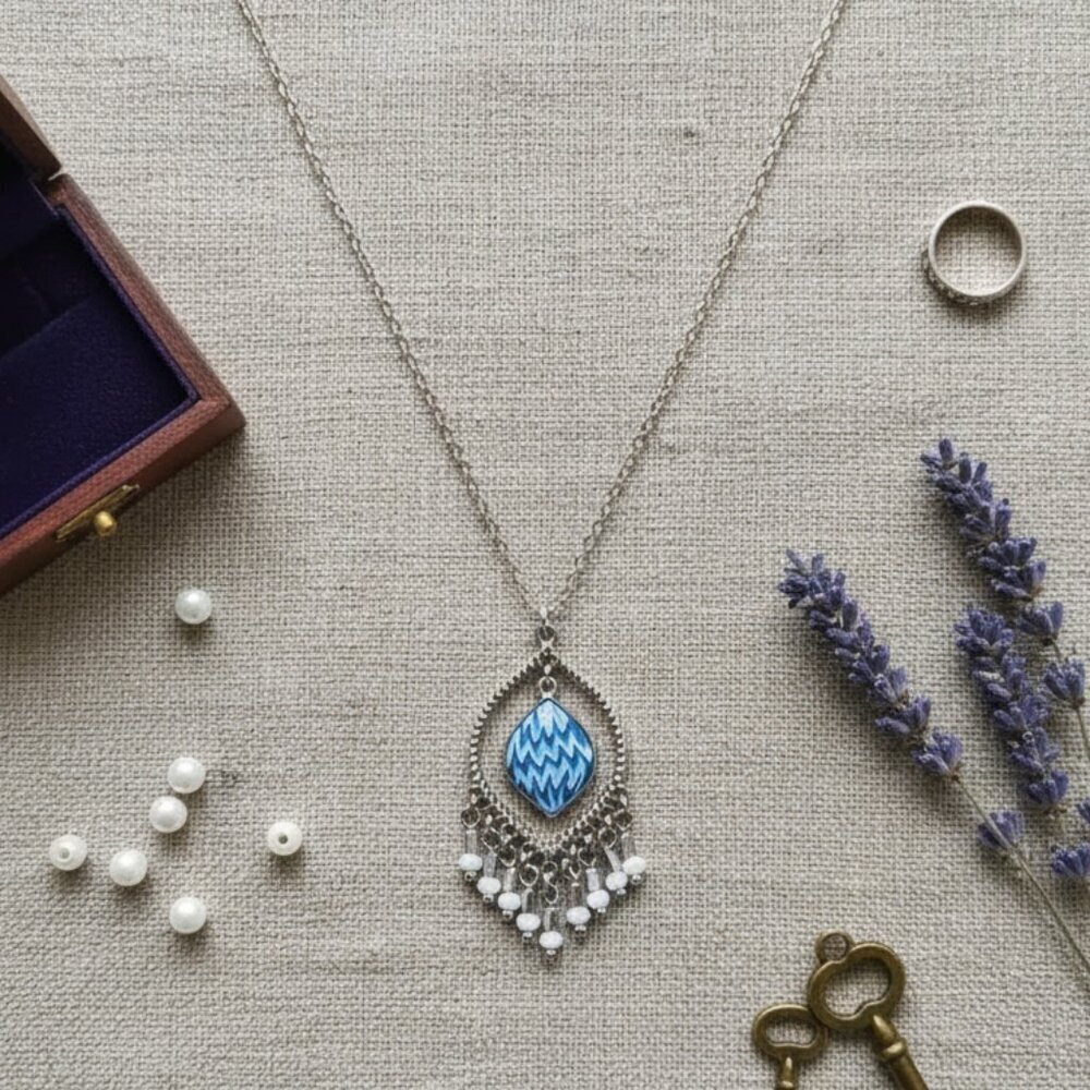 Jil zarah Necklace Green Teardrop silvertone Chain NWT porcelain blue reversible